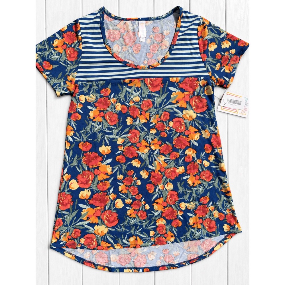 LuLaRoe Classic T Floral Striped Mixed Media Short Sleeve Top XXS NWT 4389